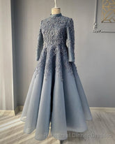 modest blue Semi Formal Prom dresses lace emroidery evening dress
